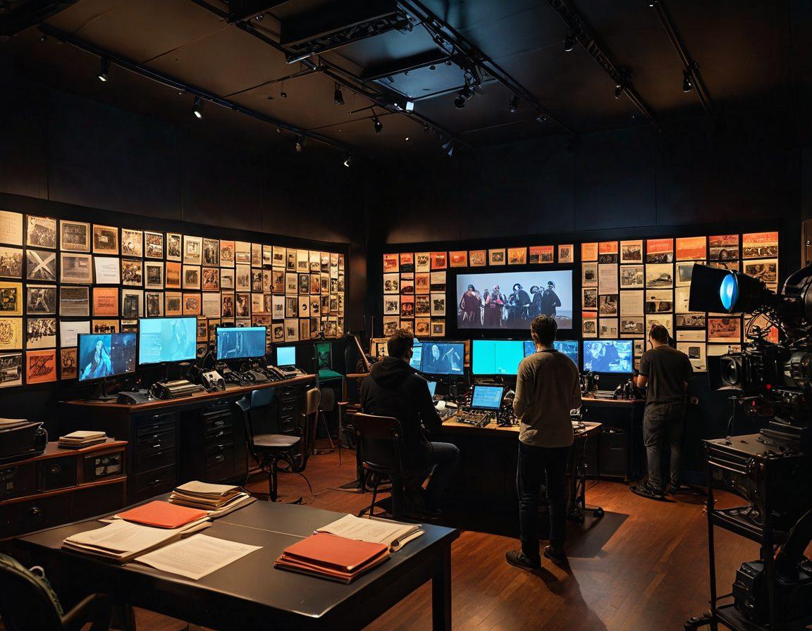 A dynamic film set showcasing a diverse crew of filmmakers in action, surrounded by vibrant lights and colorful film equipment. In the background, a movie script with annotations is sprawled on a director's desk, while a large cinema screen displays a captivating scene. Include film reels and a clapperboard as foreground elements, evoking the essence of storytelling and critique in filmmaking. super-realistic. vibrant colors. cinematic atmosphere.