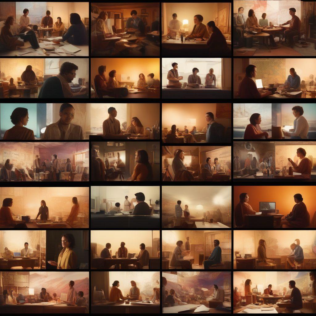 A dynamic collage showing a montage of diverse filmmakers (different genders and ethnicities) in a cozy indie film studio, discussing scripts surrounded by storyboards, cameras, and vintage film posters. In the background, a projector displays a beautifully animated scene from an independent film, symbolizing the transition from script to screen. Soft, warm lighting creates an inviting atmosphere. painterly style. warm colors. textured finish.