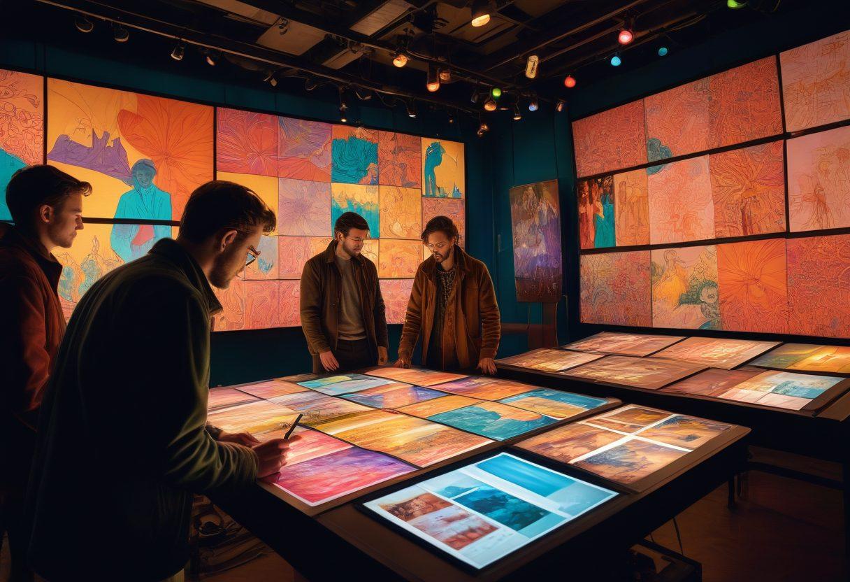 A vibrant film set showcasing independent filmmakers in action, capturing scenes with a handheld camera. In the foreground, an intricately designed storyboard with sketches of key scenes. In the background, crew members discuss shots, surrounded by colorful lights and equipment. The atmosphere is energetic and creative, symbolizing the art of cinematic storytelling. painterly style. vibrant colors. dynamic composition.